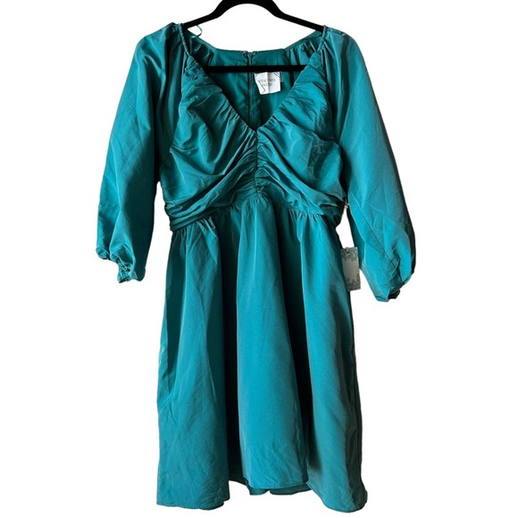 Hyacinth House Dresses & Skirts - Hyacinth House Green Teal Ruched V-Neck Genevieve Mini Dress Empire Waist Large